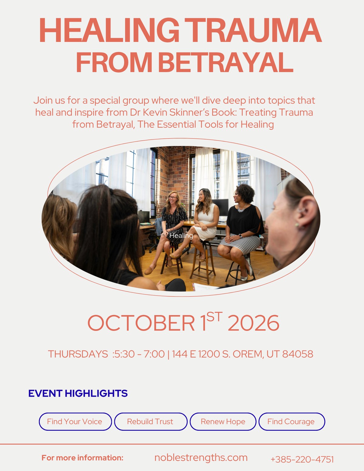 Poster for Healing Trauma from Betrayal: a small group of women sitting in a circle talking, with the date October 1st 2026, Thursdays 5:30 to 7:00, at 144 E 1200 S, Orem